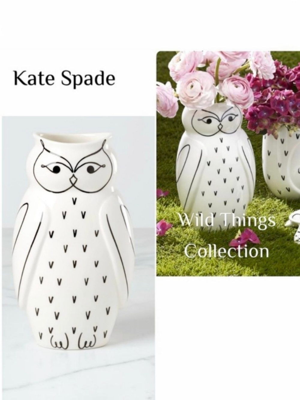 kate spade White and Black Owl Porcelain Vase - Wild Things Collection NIB!